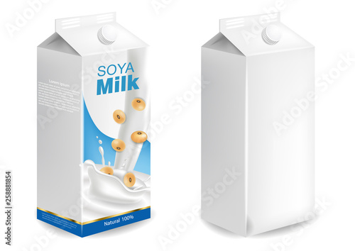 Soy milk mock up isolated Vector realistic. Milk box product placement. Label designs