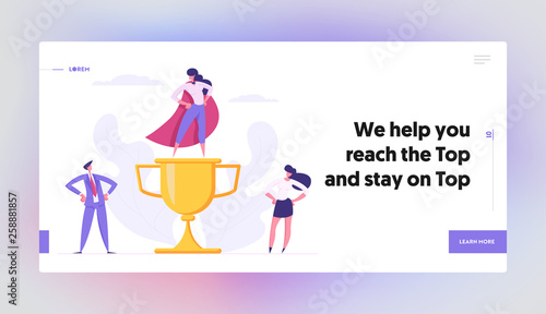 Business Teamwork, Achievement Success and Cooperation Concept with Proud Businesspeople Characters with Gold Prize. Landing Page with Superwoman and Team Website, Web Page. Flat Vector Illustration