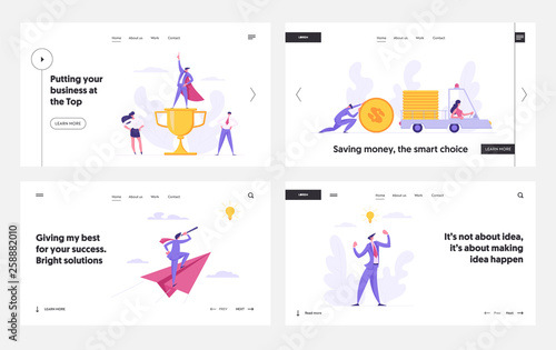 Successful Economic Business Solutions Concept for Landing Page Set. People Characters with Prize, Car and Coins, Paper Plane with Telescope and Idea for Website and Web Page. Flat Vector Illustration