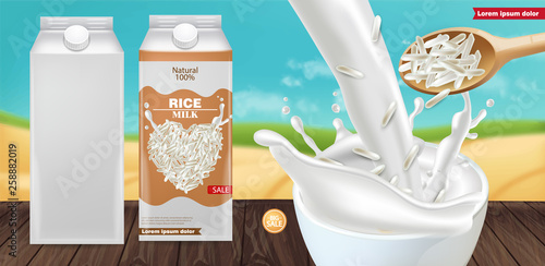 Rice milk splash mock up Vector realistic. Product placement advertise. Detai...