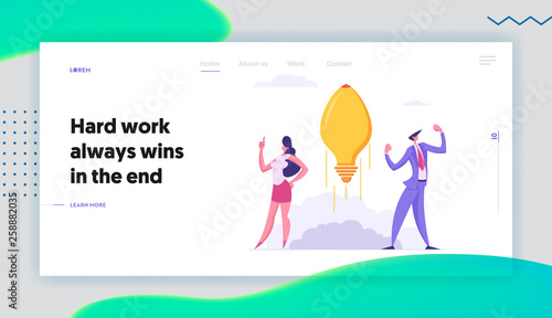 Business Success Start Up Concept for Landing Page with Business People Characters and Idea Lightbulb, Showing Creativity. Innovative and Coaching for Website, Web Page. Flat Vector Illustration