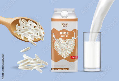 Rice milk pouring mock up Vector realistic. Product placement advertise. Deta...