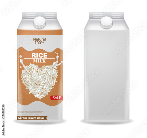 Rice milk Vector realistic product box. Label template design. 3d beans. Natu...