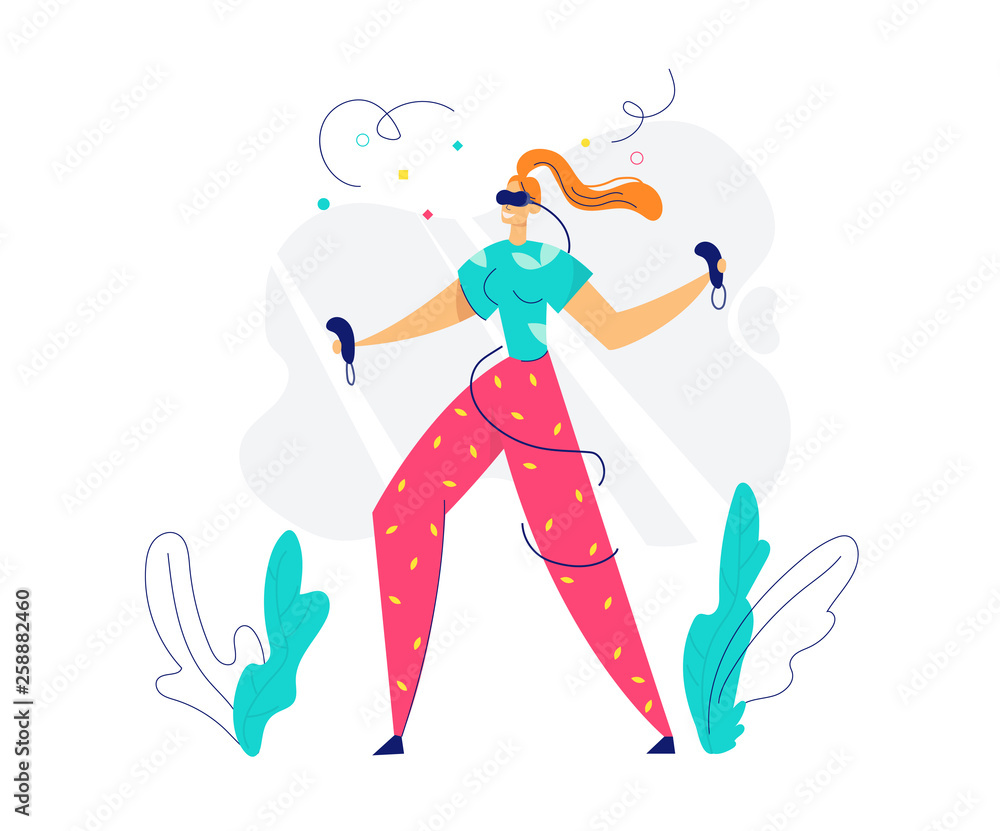 Virtual Reality Augmented Concept. Woman Character with VR Glasses Dancing, Playing Games. New Technology Experience Gadget for Website, Banner, Poster. Flat Vector Illustration