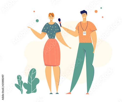 Breaking News Concept. Journalists Characters Man and Woman with Microphone Doing Reportage. Announcer Female Character for Web Page, Banner, Poster. Flat Vector Illustration