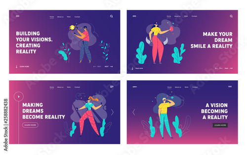 Virtual Reality Business Success Concept for Landing Page Set. Male and Female Characters with VR Glasses Headset Playing Games or Choosing Goods for Website, Web Page. Flat Vector Illustration