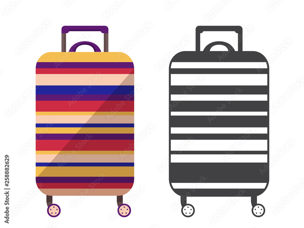 Modern striped travel suitcase. Carry on luggage or baggage for trips. Wheeled travel bag with handle icon. Modern striped travel suitcase. Carry on luggage or baggage for trips. Wheeled travel bag with handle icon.