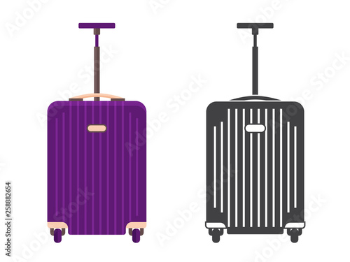 Modern travel suitcase. Carry on luggage or baggage for trips. Wheeled travel bag with handle icon.