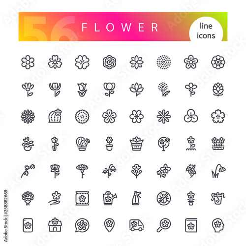Set of 56 flower line icons suitable for web, infographics and apps. Isolated on white background. Clipping paths included.
