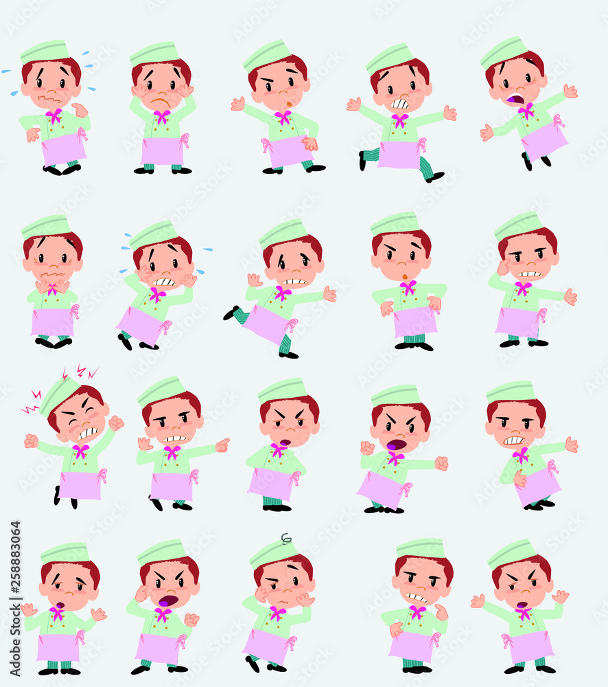 Cartoon character chef. Set with different postures, attitudes and poses, doing different activities in isolated vector illustrations. Cartoon character chef. Set with different postures, attitudes and poses, doing different activities in isolated vector illustrations.