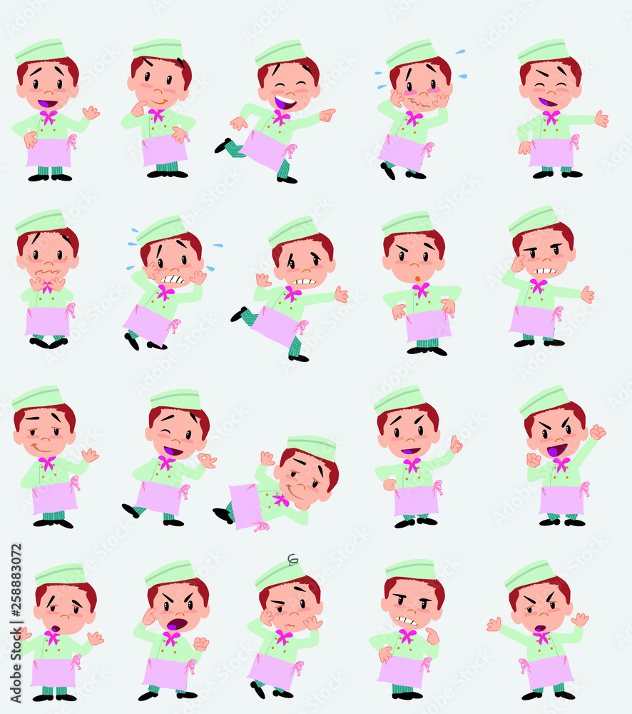 Cartoon character chef. Set with different postures, attitudes and poses, doing different activities in isolated vector illustrations. Cartoon character chef. Set with different postures, attitudes and poses, doing different activities in isolated vector illustrations.