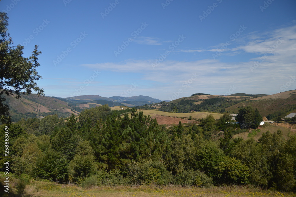 Magnificent Views Of The Mountains Of Galicia Delimiting With Asturias In Rebedul. Nature, Architecture, History, Street Photography. August 24, 2014. Rebedul, Lugo, Galicia, Spain.