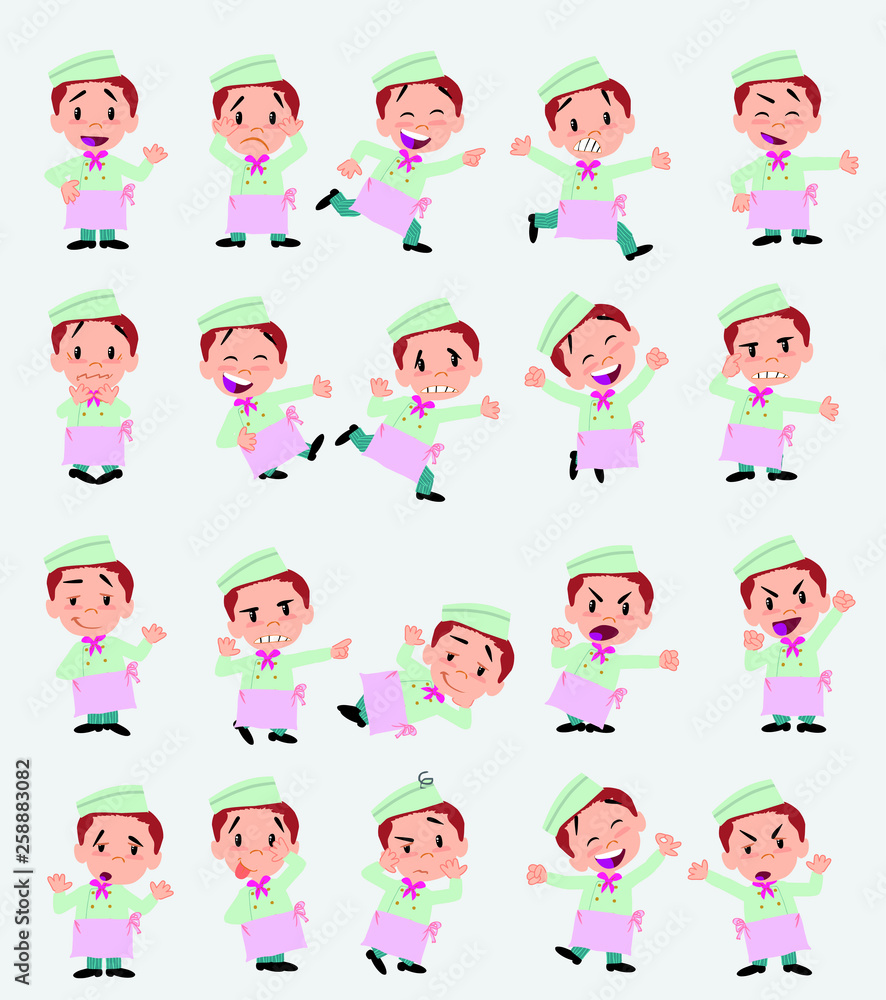 Cartoon character chef. Set with different postures, attitudes and poses, doing different activities in isolated vector illustrations. Cartoon character chef. Set with different postures, attitudes and poses, doing different activities in isolated vector illustrations.
