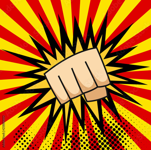 A pop art cartoon comics poster with fist and explosion bubble on comic background.