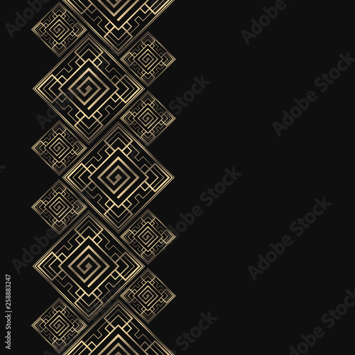 Vector geometric frame in greek style. Seamless border for design. Black and golden background with meander ornament. Greece pattern.
