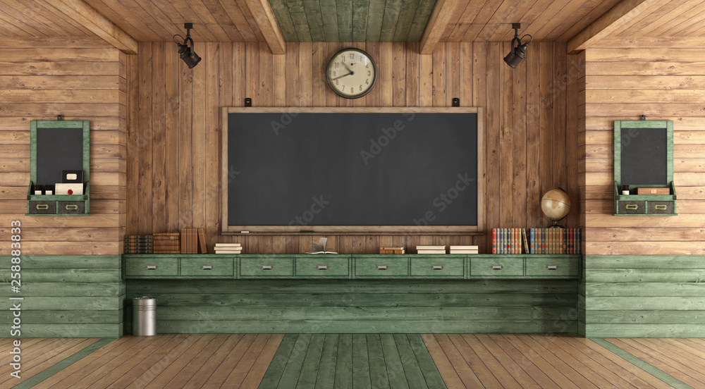Empty wooden classroom in retro style - obrazy, fototapety, plakaty 