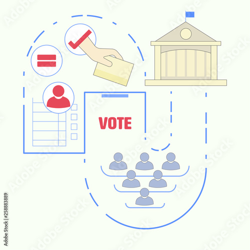 Voting and election concept. Political participation metaphor. Right to vote for representatives. Infographic of political democracy. Vector illustration concept outline flat design style.
