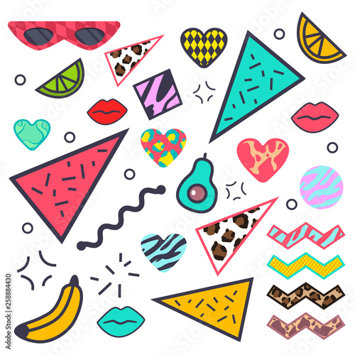 80s, 90s fashion design elements: avocado, lips, sunglasess, animal skin pattern, limon, heart and banana, geometric figures. Vector cartoon set isolated on a white background.