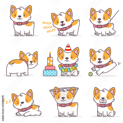 Corgi cute cartoon dog vector character set. Funny little puppies isolated on a white background. Pets illustration in different actions.