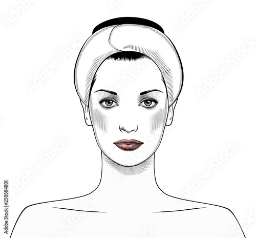 Beautiful Young Woman with Clean Fresh Skin. Facial treatment. Cosmetology, beauty and spa. Vintage engraving stylized drawing. Vector illustration.