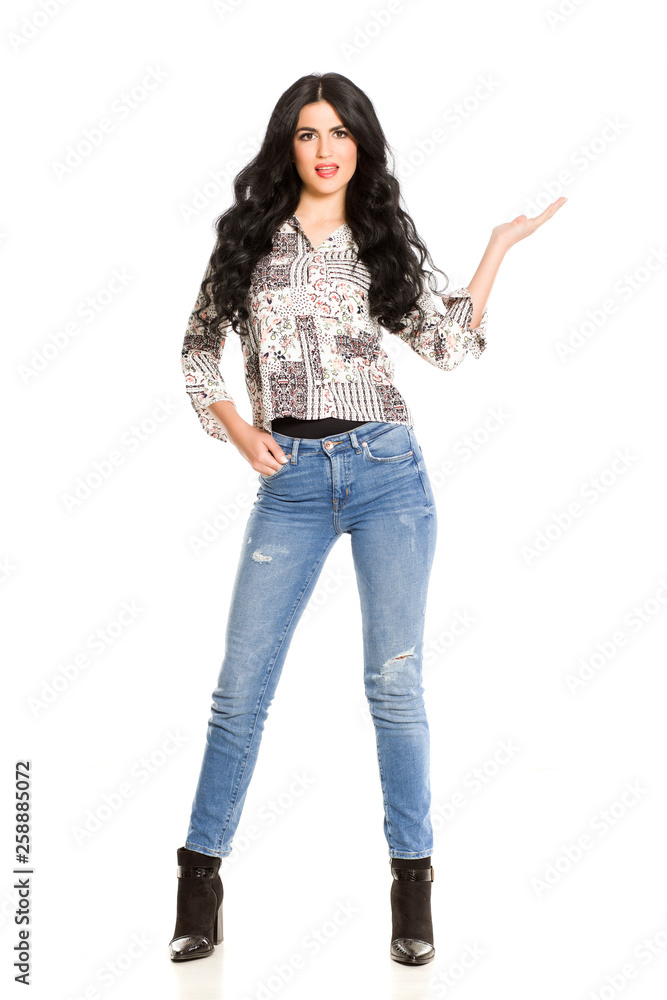 a woman holding imaginary object in her arm on white bacground a woman holding imaginary object in her arm on white bacground