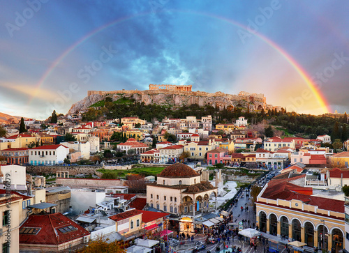 Athens, Greece - Monastiraki Square and ancient Acropolis with rainbow