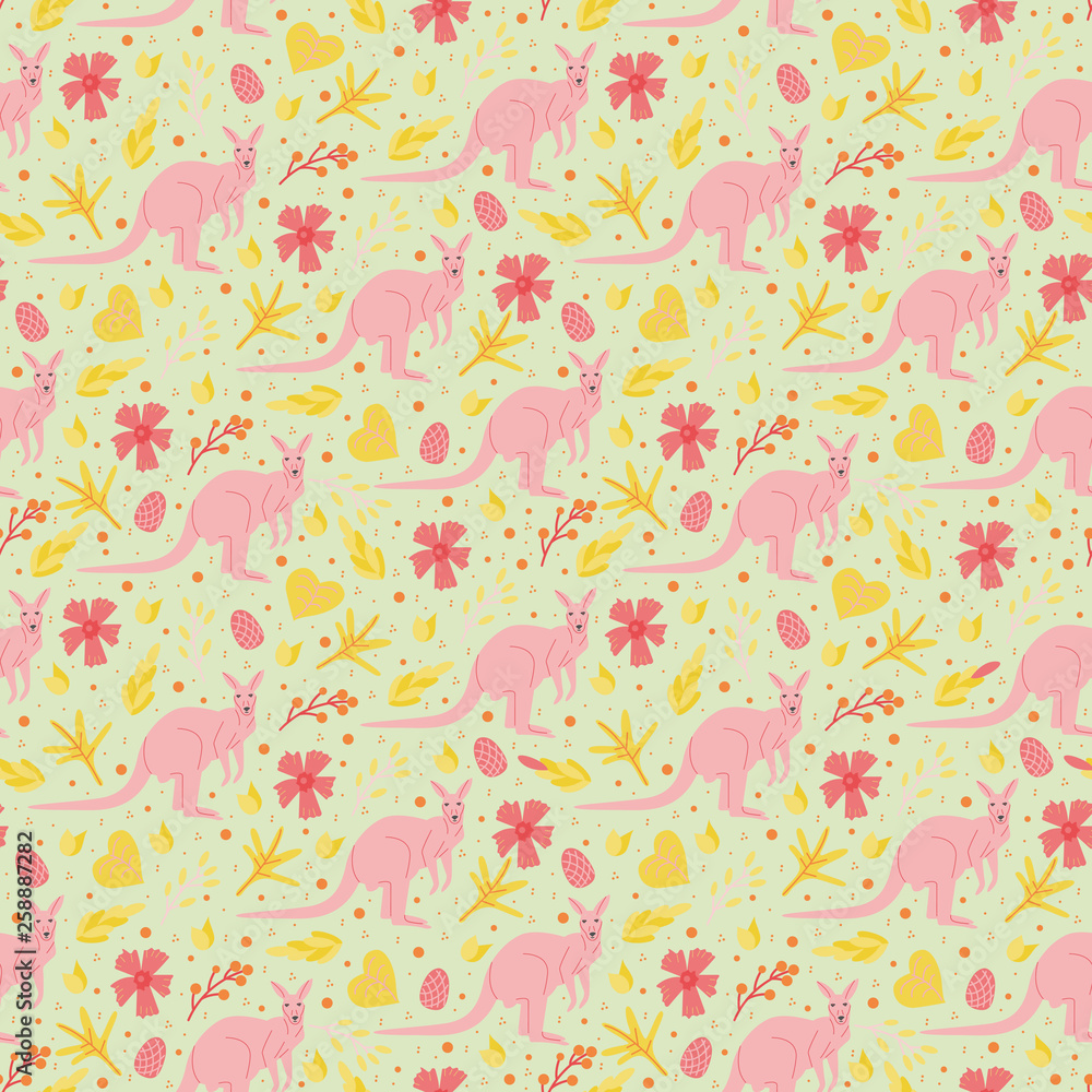 Seamless pattern with abstact floral elements and australian animal pink kangaroo in flat style. Colorful endless texture with plant: leaves and flowers on grey background. illustration