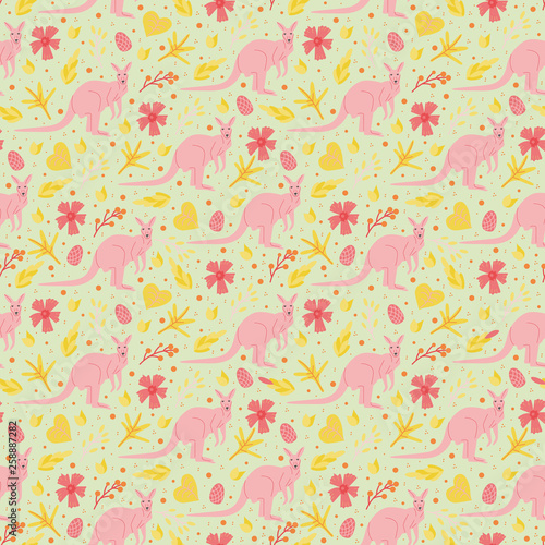 Seamless pattern with abstact floral elements and australian animal pink kangaroo in flat style. Colorful endless texture with plant: leaves and flowers on grey background. illustration