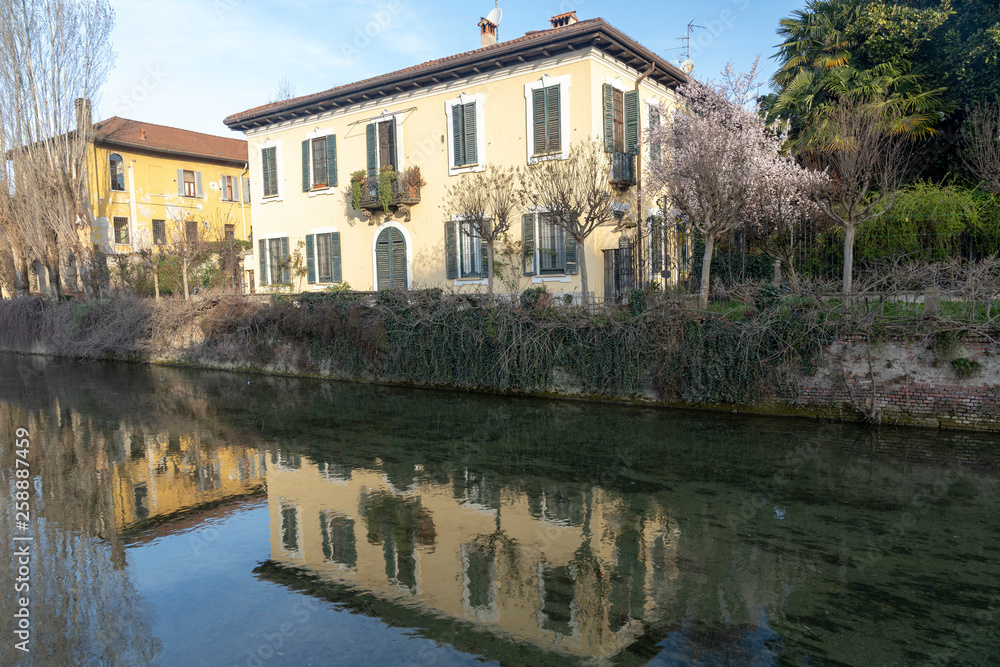 Old buildings along the canal Martesana, Milan