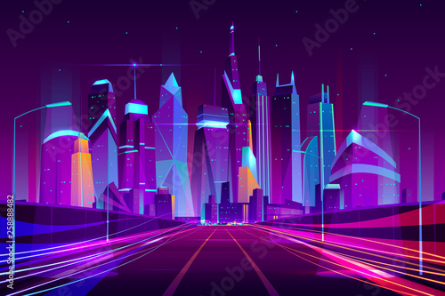 Modern city highway in street lamps light neon cartoon vector illustration, three-way high speed motorway near metropolis skyscrapers. Night urban background with glowing buildings in neon colors.