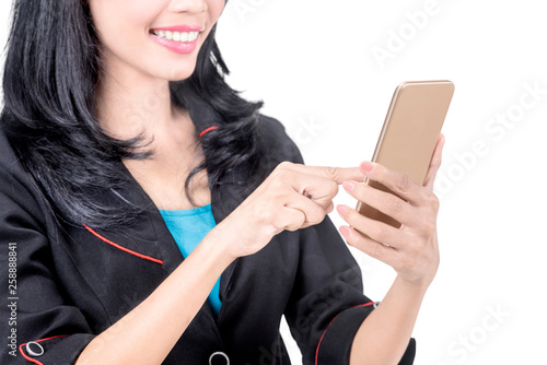 Business woman touch the mobile phone screen