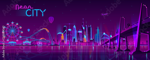 Vector big bridge to amusement park. Modern megapolis on river and Ferris wheel. Night architecture background with glowing buildings in cartoon style. Urban skyscrapers in neon colors.
