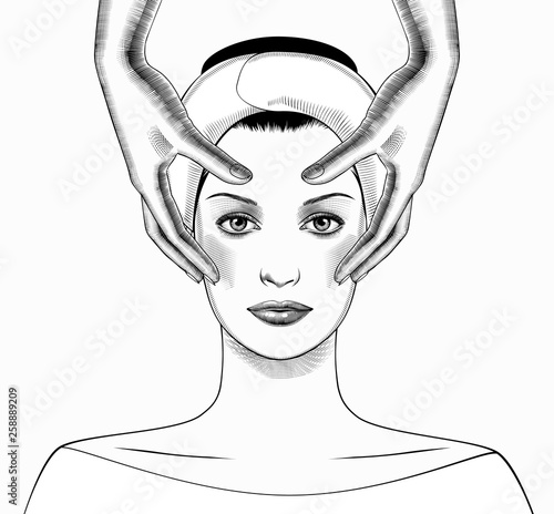 Spa facial Massage. Face Massage in beauty spa salon. Beautiful woman portrait. Vector Illustration.