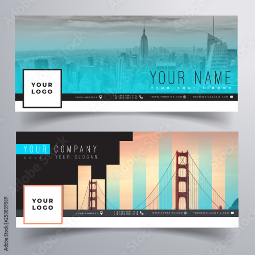 Facebook corporate cover business design template with neon blue gradients. Photo not included
