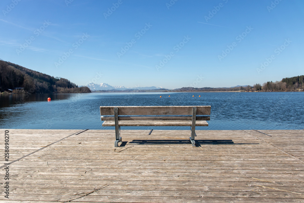 bench at the wallersee in austria