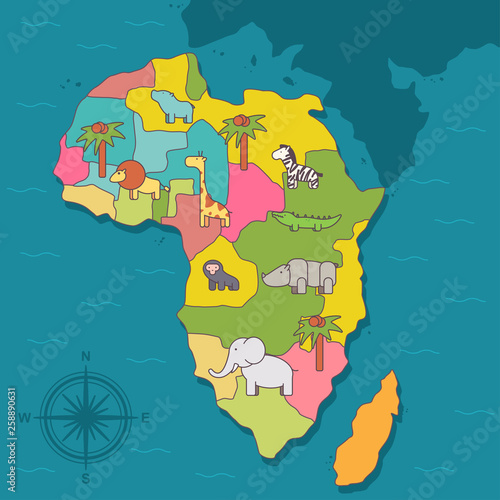 African continent with wild animals. Vector cartoon flat illustration of map with compass.