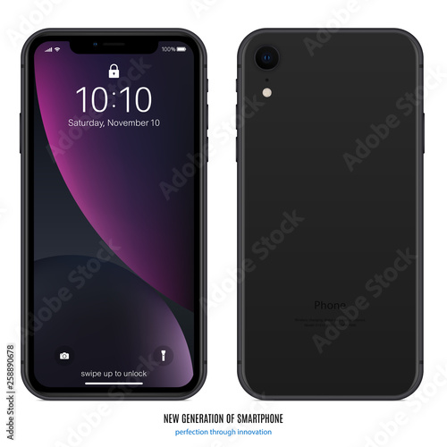 smartphone in black color with colorful screen front and back side on white background. stock vector illustration eps10