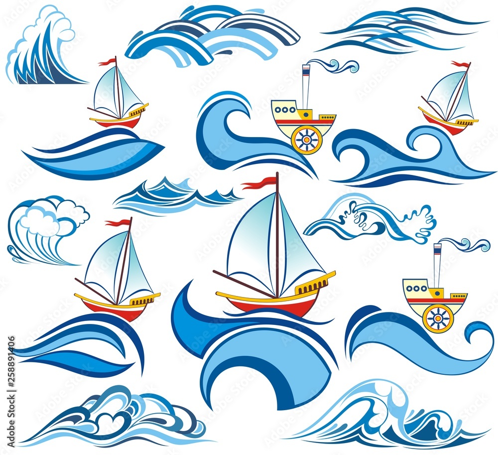 Naklejka premium Summer set with water waves and ships