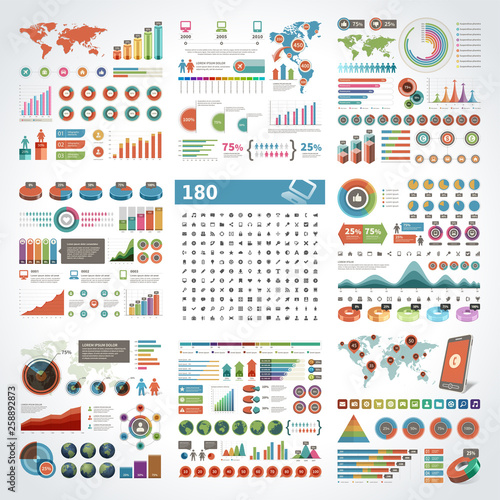 Infographics design templates set. Charts, diagrams, objects, vector elements for statistics design and 180 icons