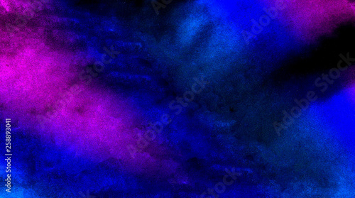 Colorful aquarelle ink textured pink  purple and blue canvas for creative design. Vivid cosmic creative neon watercolor on black paper background. Abstract bright vintage water color illustration