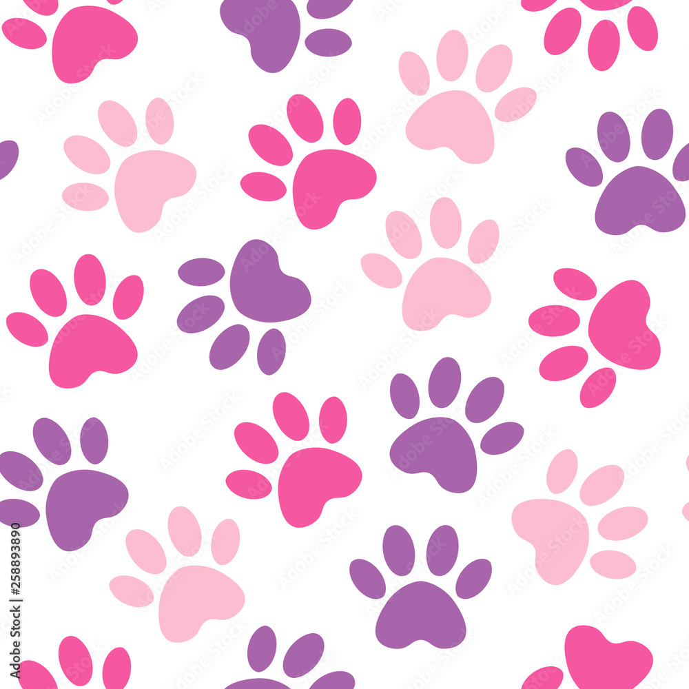 Obraz premium Paw crimson print seamless. Vector pink illustration animal paw track pattern. backdrop with silhouettes of cat or dog footprint.