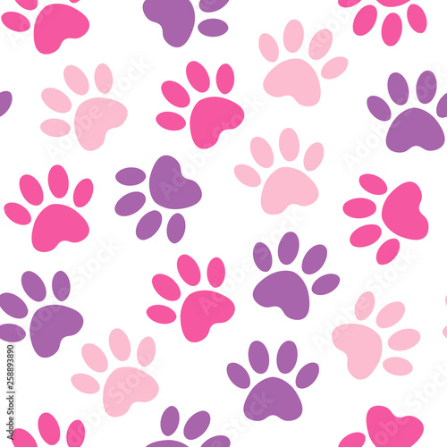 Paw crimson print seamless. Vector pink illustration animal paw track pattern. backdrop with silhouettes of cat or dog footprint.