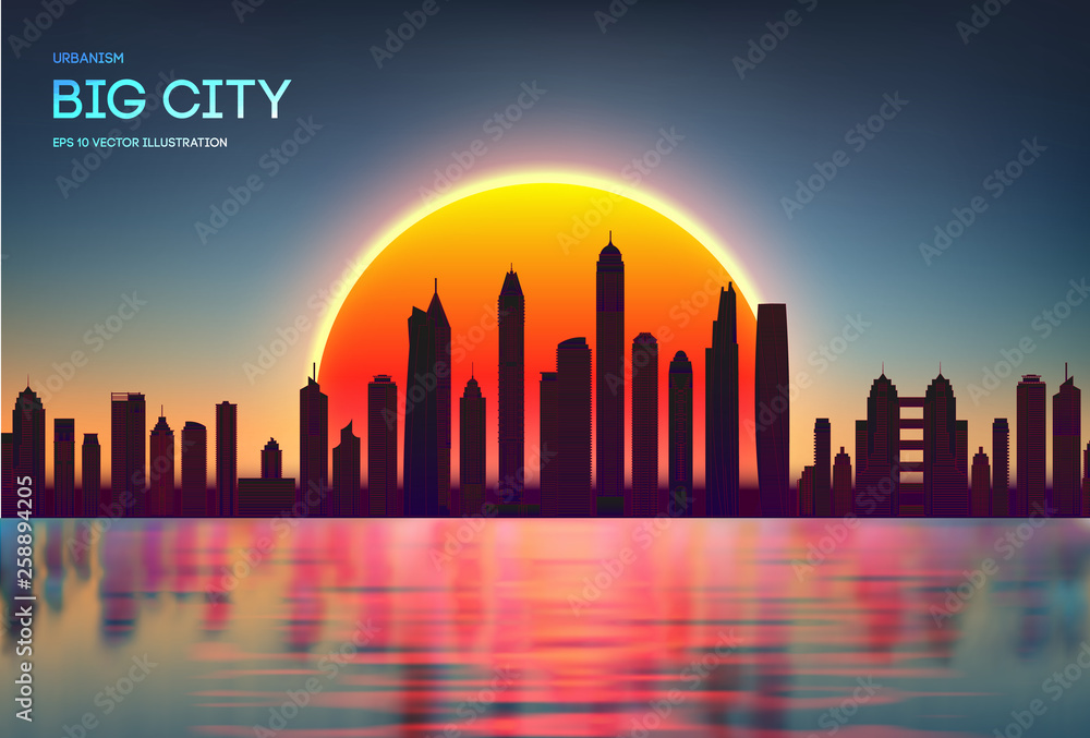 Vector sunset city skyline with modern buildings silhouette. Night city red with reflection in water EPS 10. Red dark skylights in spring. Night skyline.
