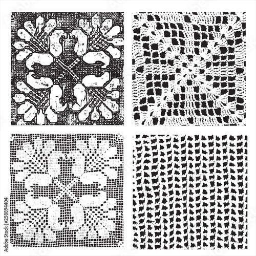 PrintHandmade doily background texture grunge. Crocheted motive. Set.