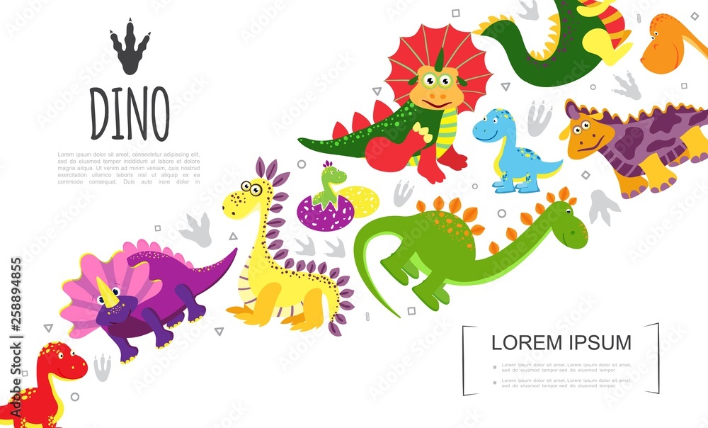 Naklejka premium Flat Colorful Cute Prehistoric Animals Template