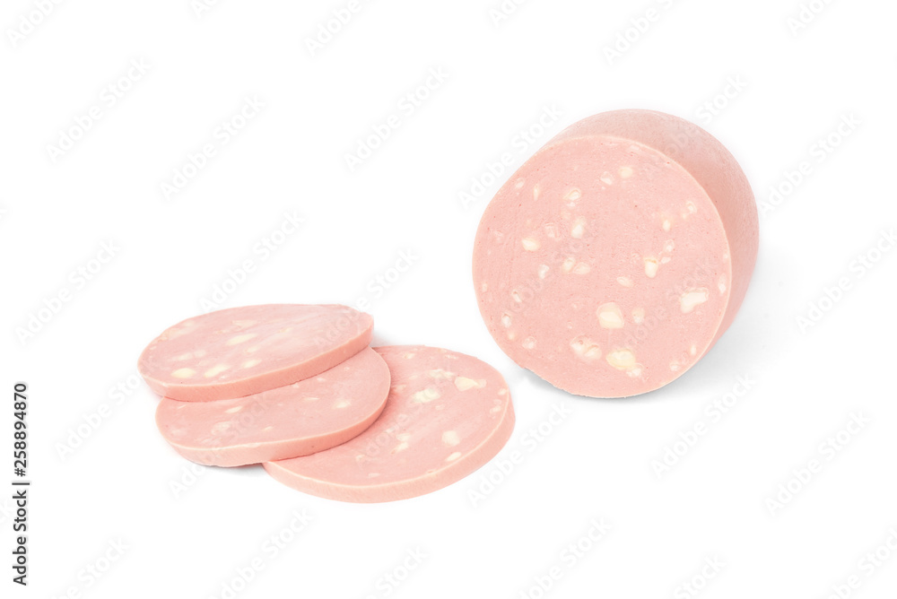 Boiled sausage with cheese isolated on white background. Boiled sausage with cheese isolated on white background.