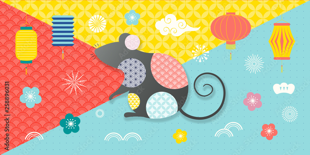 Naklejka premium 2020 Chinese New Year greeting card with rat silhouette, fireworks, lanterns, clouds, flowers, on patterns background. Vector illustration. Flat style design. Concept for holiday banner, decor element