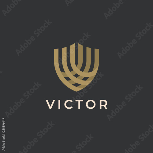 Premium letter V victory logo design. Shield shape. Protection security guard symbol. Luxury abstract linear business logotype. Creative elegant vector monogram.