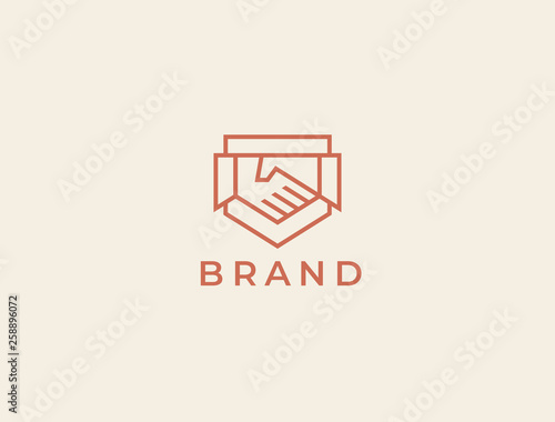 Abstract handshake business logo, vector logo. Two hands make a deal on the shield background. Trust, friendship, partnership, agreement, business, success, money, deal, contract, team, symbol icon.