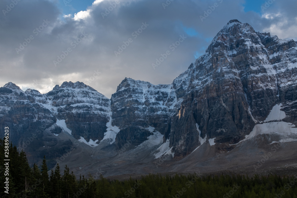Stunning early morning view of the Wenkchemma Range in the Valley of Ten Peaks at Lake Moraine, Banff, Canada